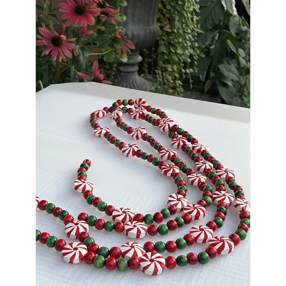 Vintage 8 Ft Wooden Christmas Garland Hand Painted Peppermint Candy Beads